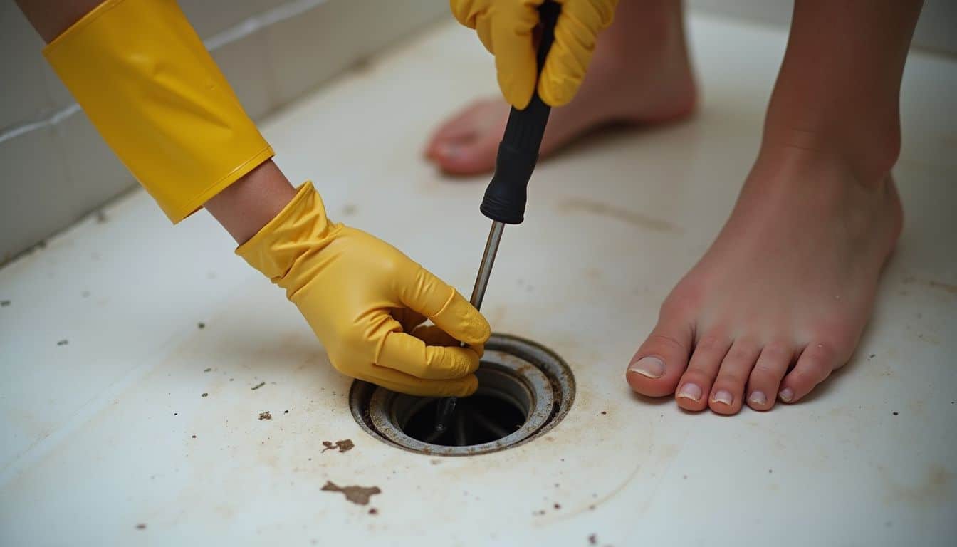 Person wearing gloves lifting a shower drain cover with a screwdriver.