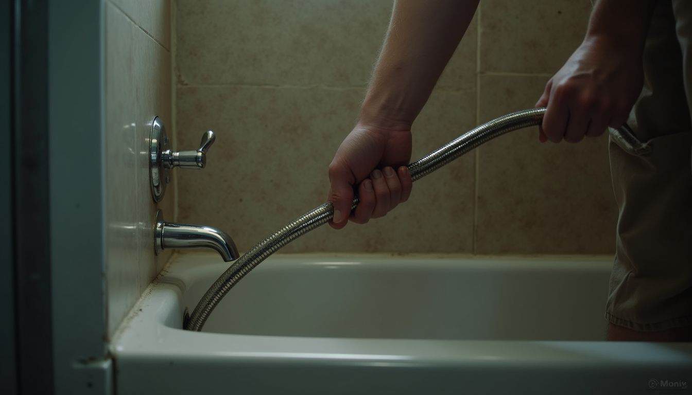 Person feeding a drain snake into a shower drain to clear a clog.