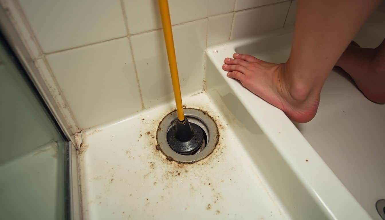 Cup plunger beside a shower drain with hair nearby.
