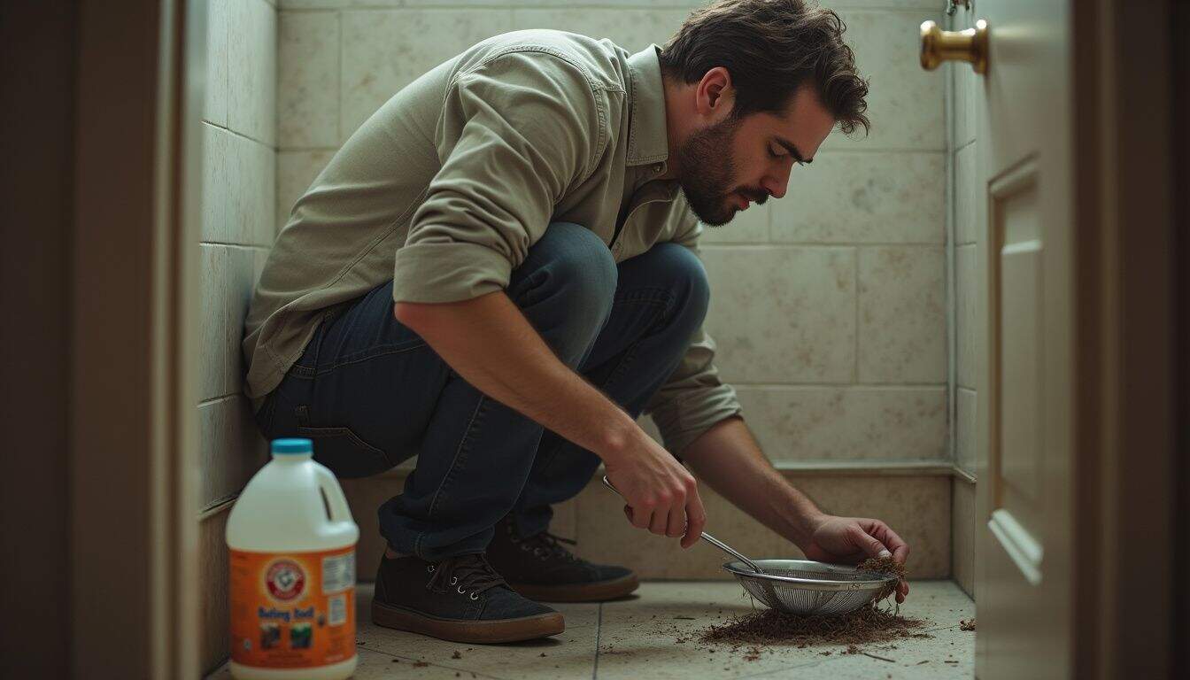 Man cleaning a shower drain with a mesh strainer nearby.