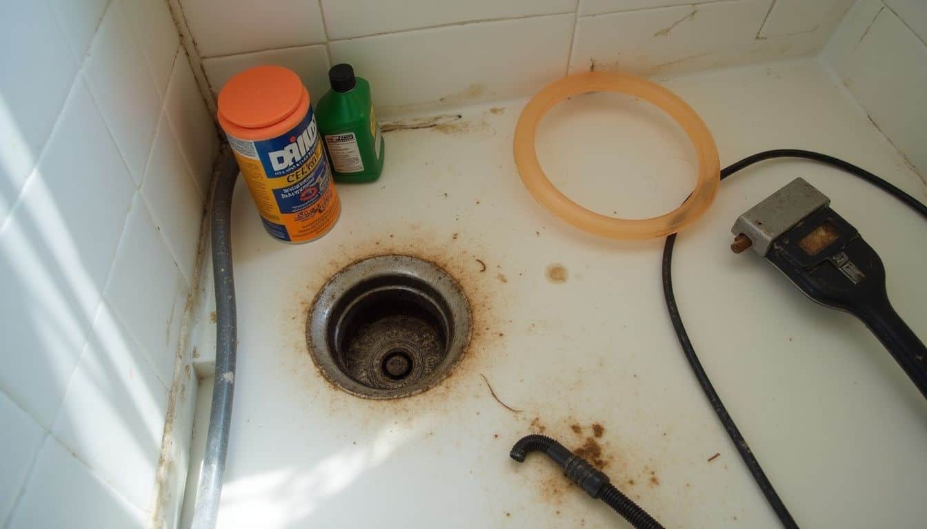 Shower drain surrounded by common cleaning tools like a hand snake and hair catcher.