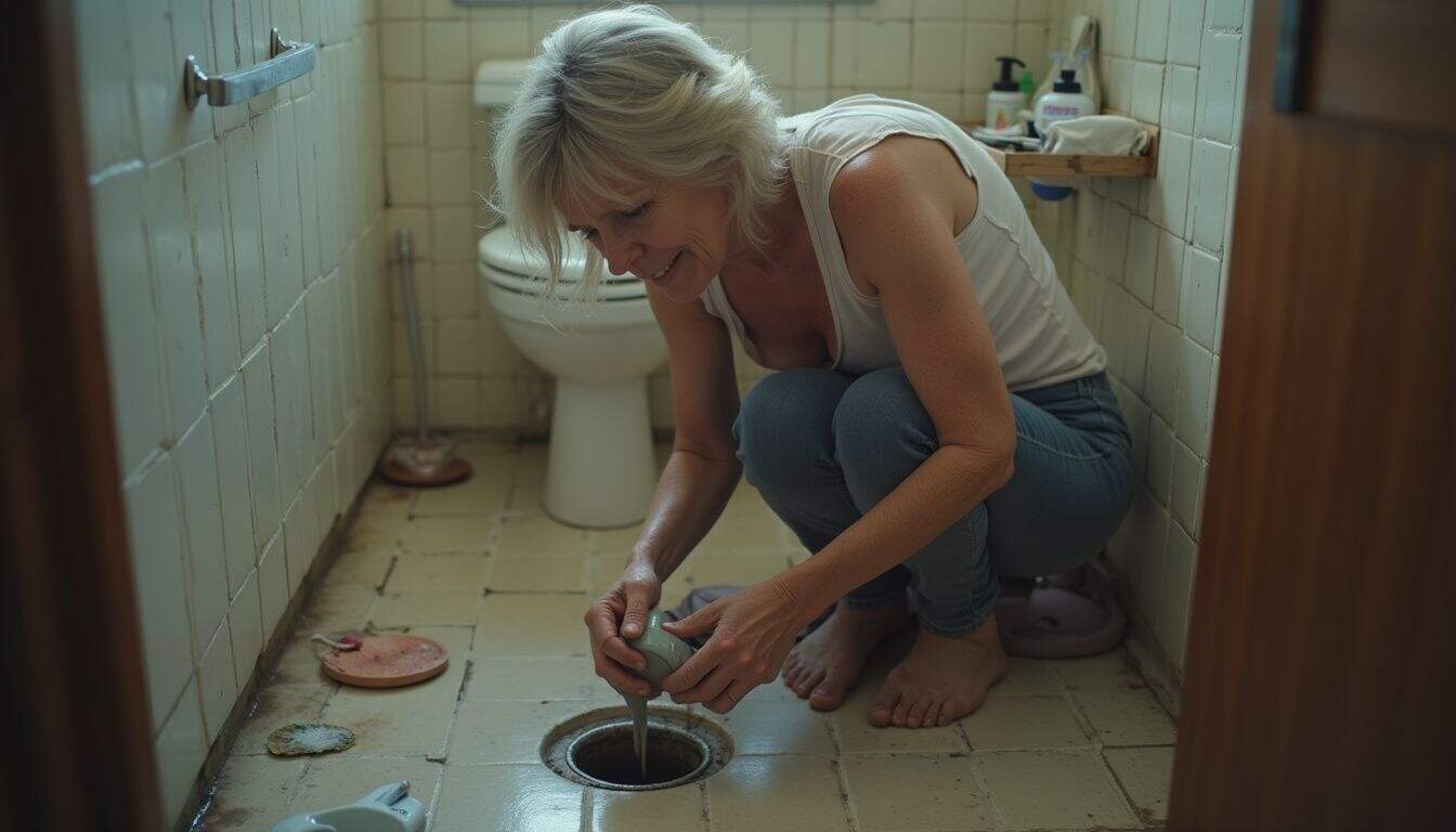 Woman plunging a shower drain using short, rapid strokes.