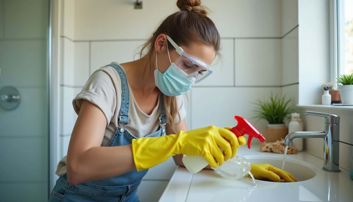 Woman wearing goggles and gloves while handling drain cleaner.