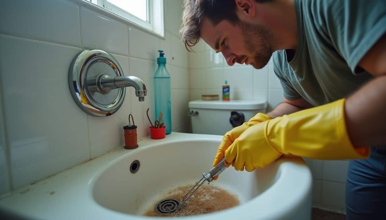 Man hooking hair from a shower drain with a coat hanger.