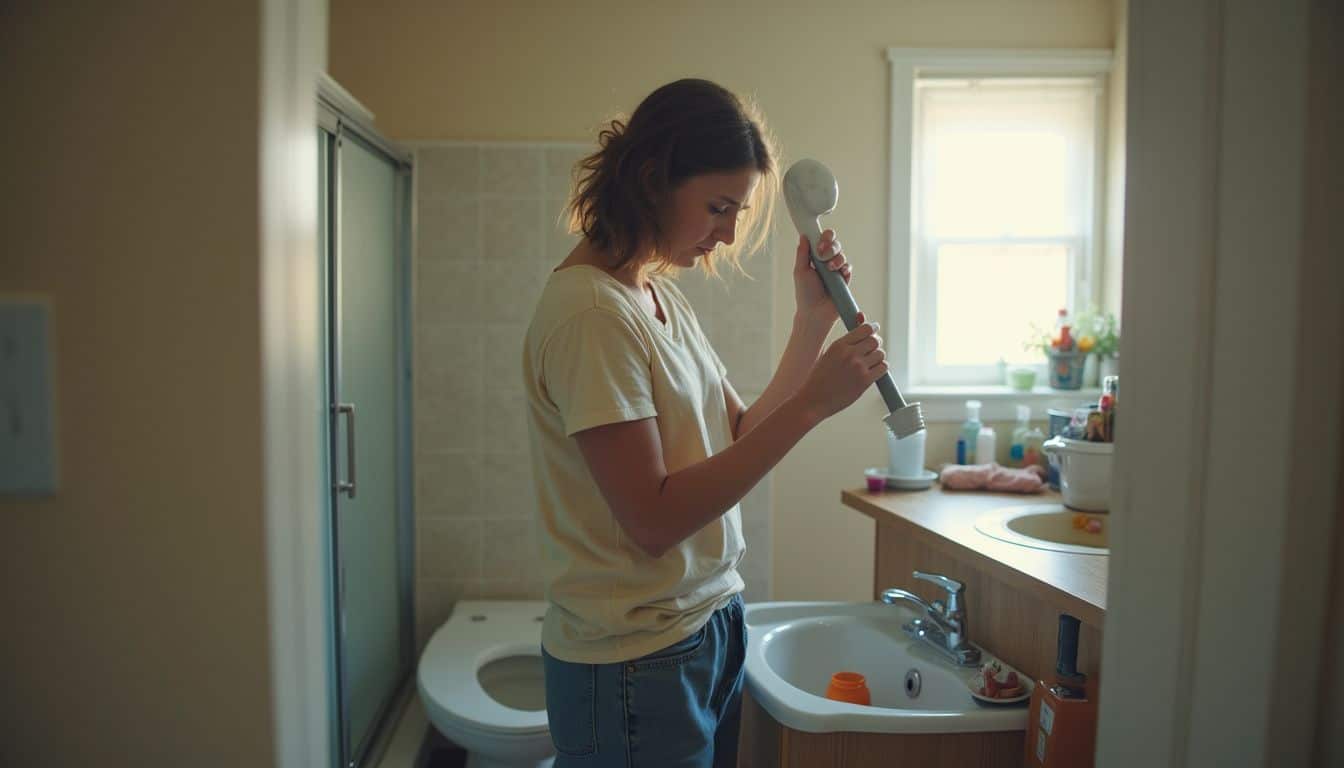 Frustrated person holding a plunger near a slow sink drain.