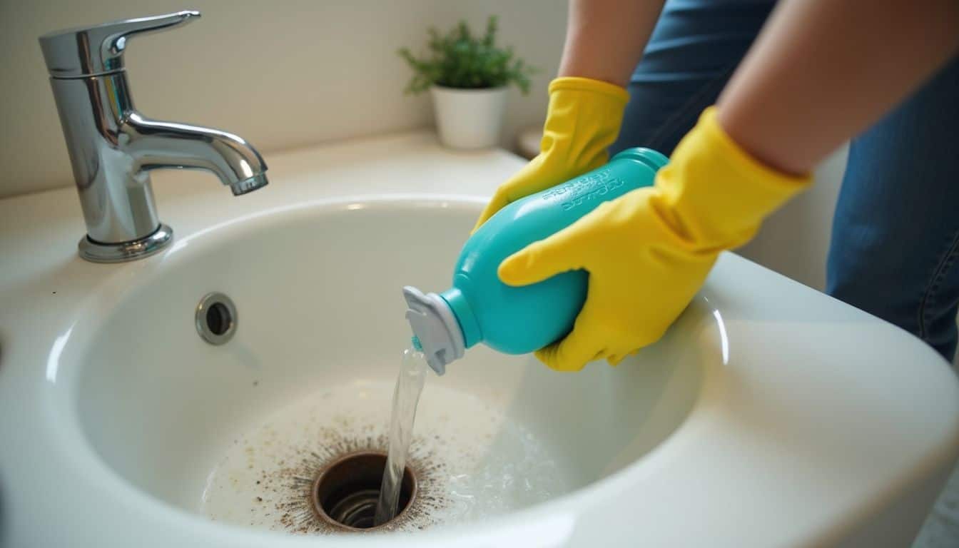 Adult wearing gloves pouring chemical cleaner into a shower drain.