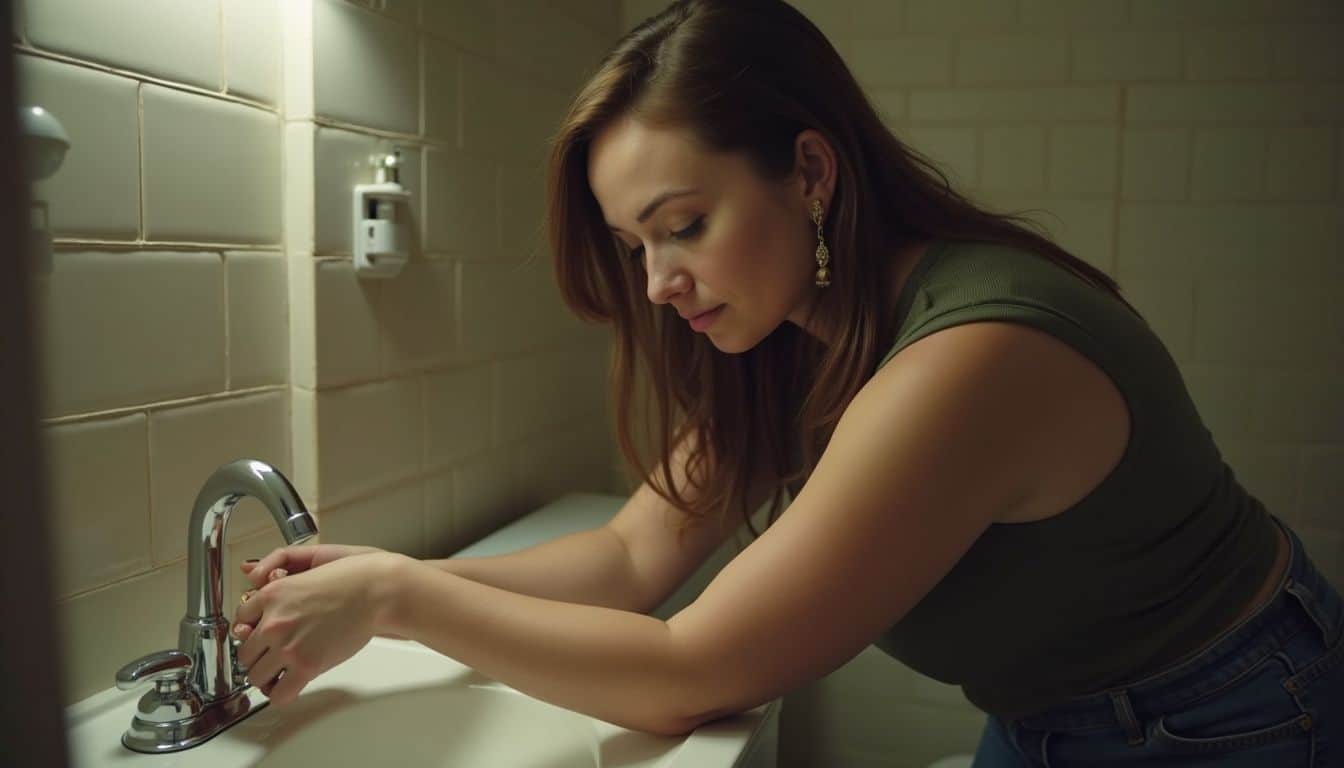 Woman fitting a silicone drain cover over a shower drain.