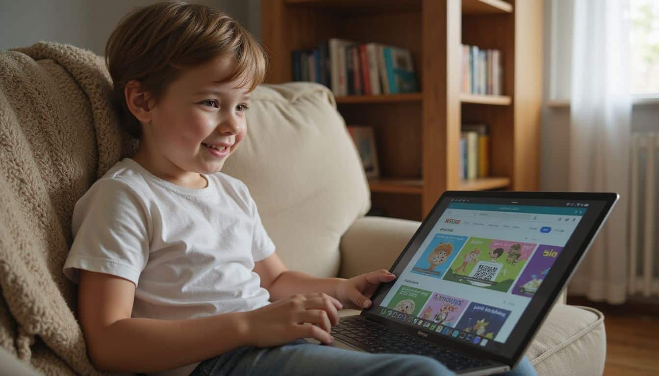 A focused eight-year-old child sits on a cozy sofa, engaging with educational videos on a laptop. A focused eight-year-old child sits on a cozy sofa, engaging with educational videos on a laptop.