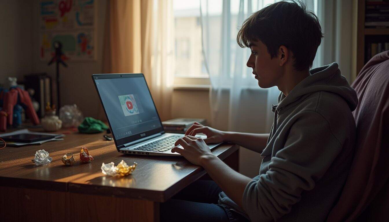 A young person sits at a cluttered desk, absorbed in a paused YouTube video amidst scattered toys and snack wrappers. A young person sits at a cluttered desk, absorbed in a paused YouTube video amidst scattered toys and snack wrappers.