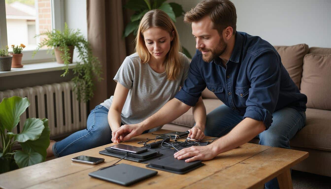 A couple collaborates to organize a family charging station in their cozy living room. A couple collaborates to organize a family charging station in their cozy living room.