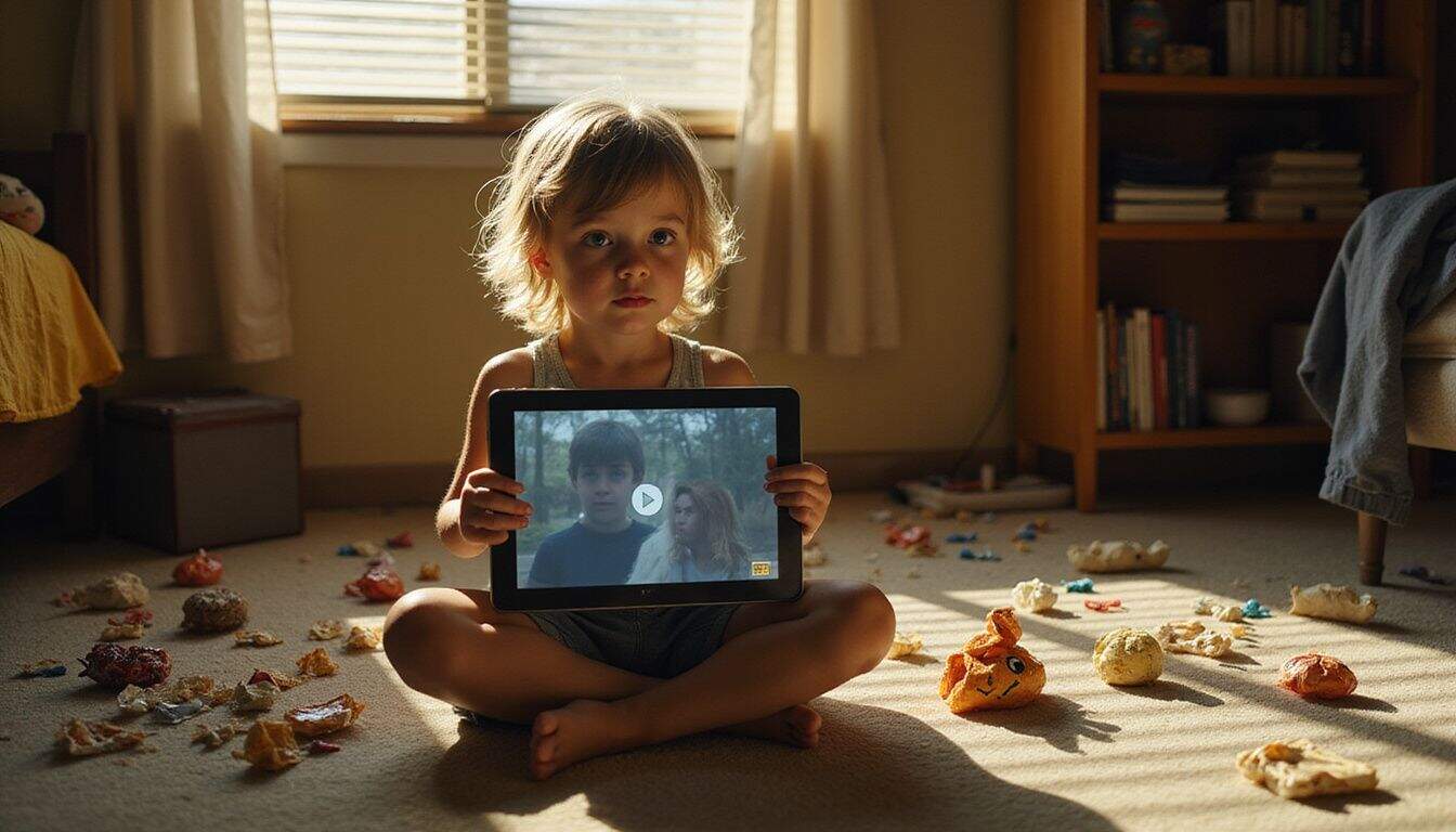 An 8-year-old child sits cross-legged on a cluttered bedroom floor, focused on a tablet among scattered toys. An 8-year-old child sits cross-legged on a cluttered bedroom floor, focused on a tablet among scattered toys.