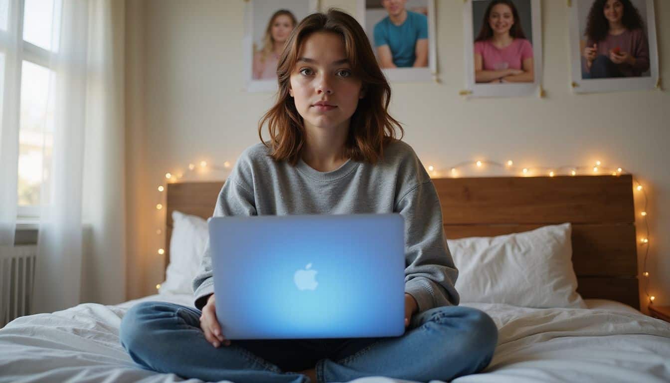 A teenage girl in a cozy bedroom sits cross-legged on her bed, focused on her laptop amidst personal decorations. A teenage girl in a cozy bedroom sits cross-legged on her bed, focused on her laptop amidst personal decorations.