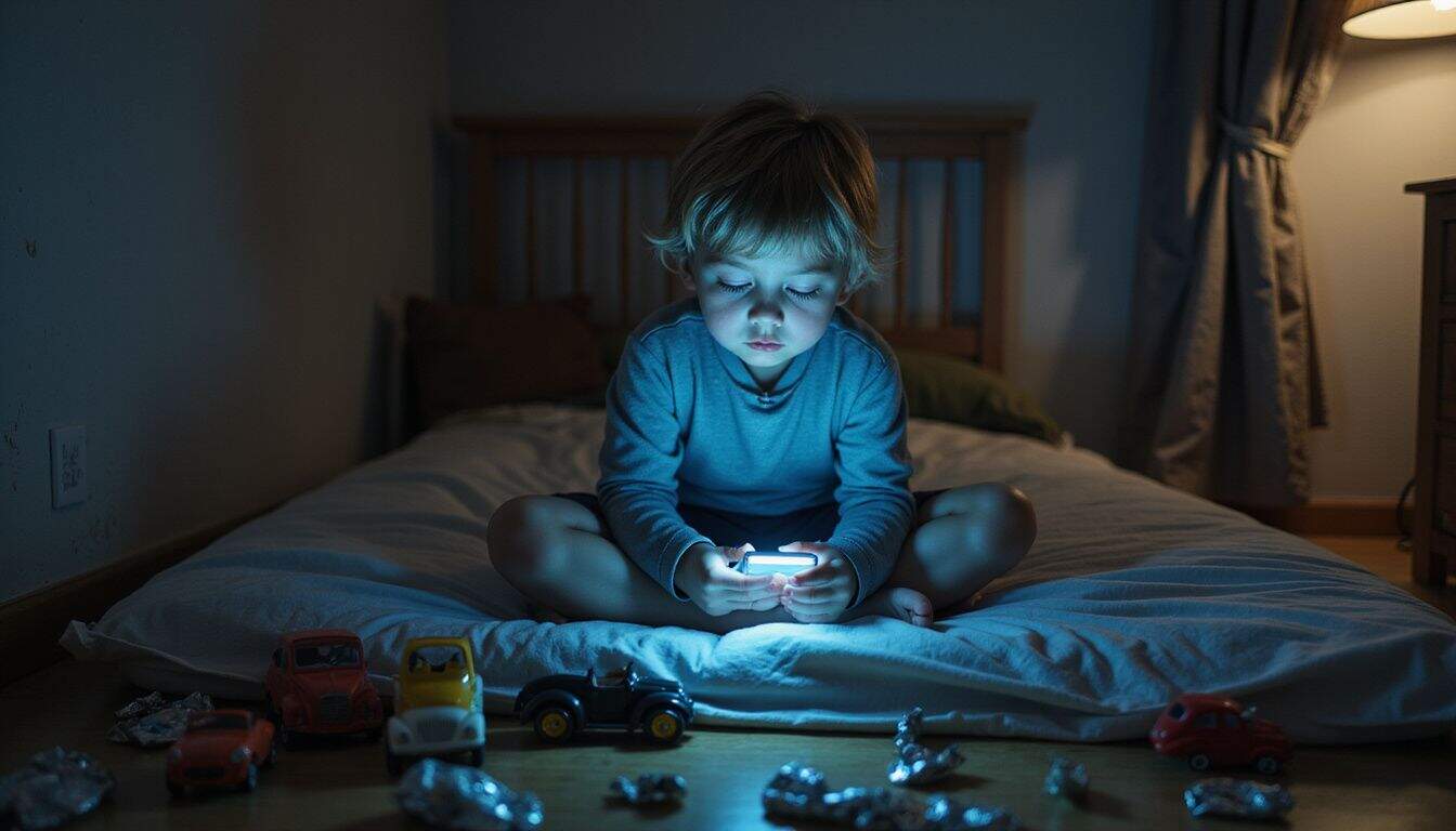 An exhausted child sits cross-legged on a mattress surrounded by toys and clutter in a dimly lit bedroom. An exhausted child sits cross-legged on a mattress surrounded by toys and clutter in a dimly lit bedroom.