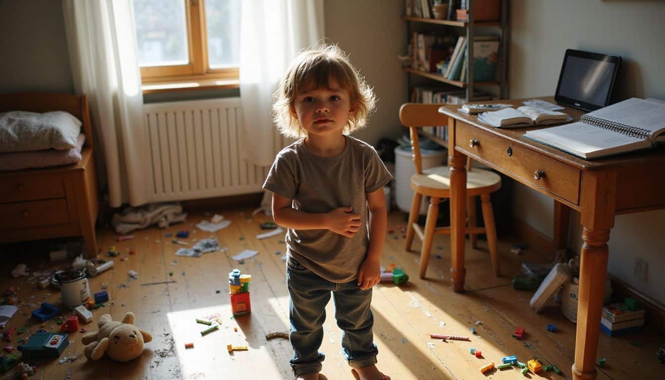 A cluttered children's room features a contemplative child surrounded by toys and homework on a well-used desk. A cluttered children's room features a contemplative child surrounded by toys and homework on a well-used desk.