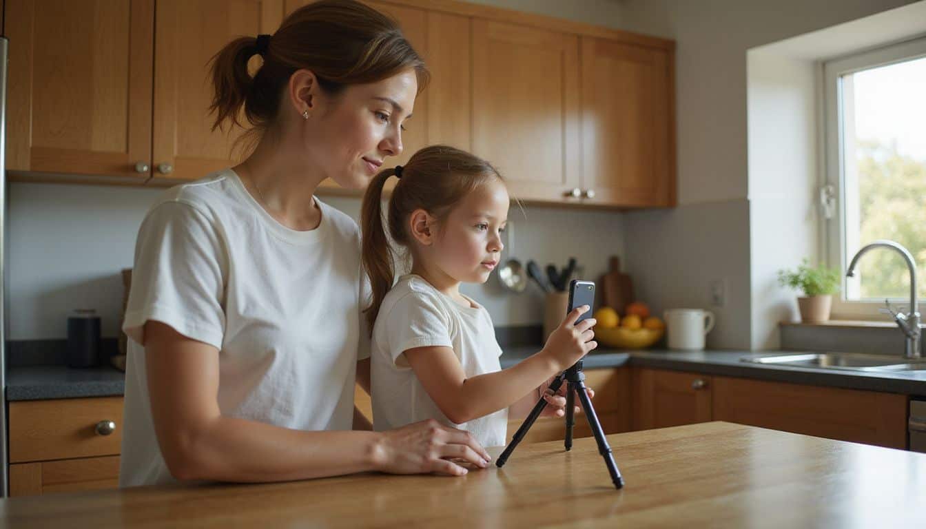 A mother watches her daughter focused on using a smartphone in their cozy kitchen, highlighting a moment of bonding. A mother watches her daughter focused on using a smartphone in their cozy kitchen, highlighting a moment of bonding.