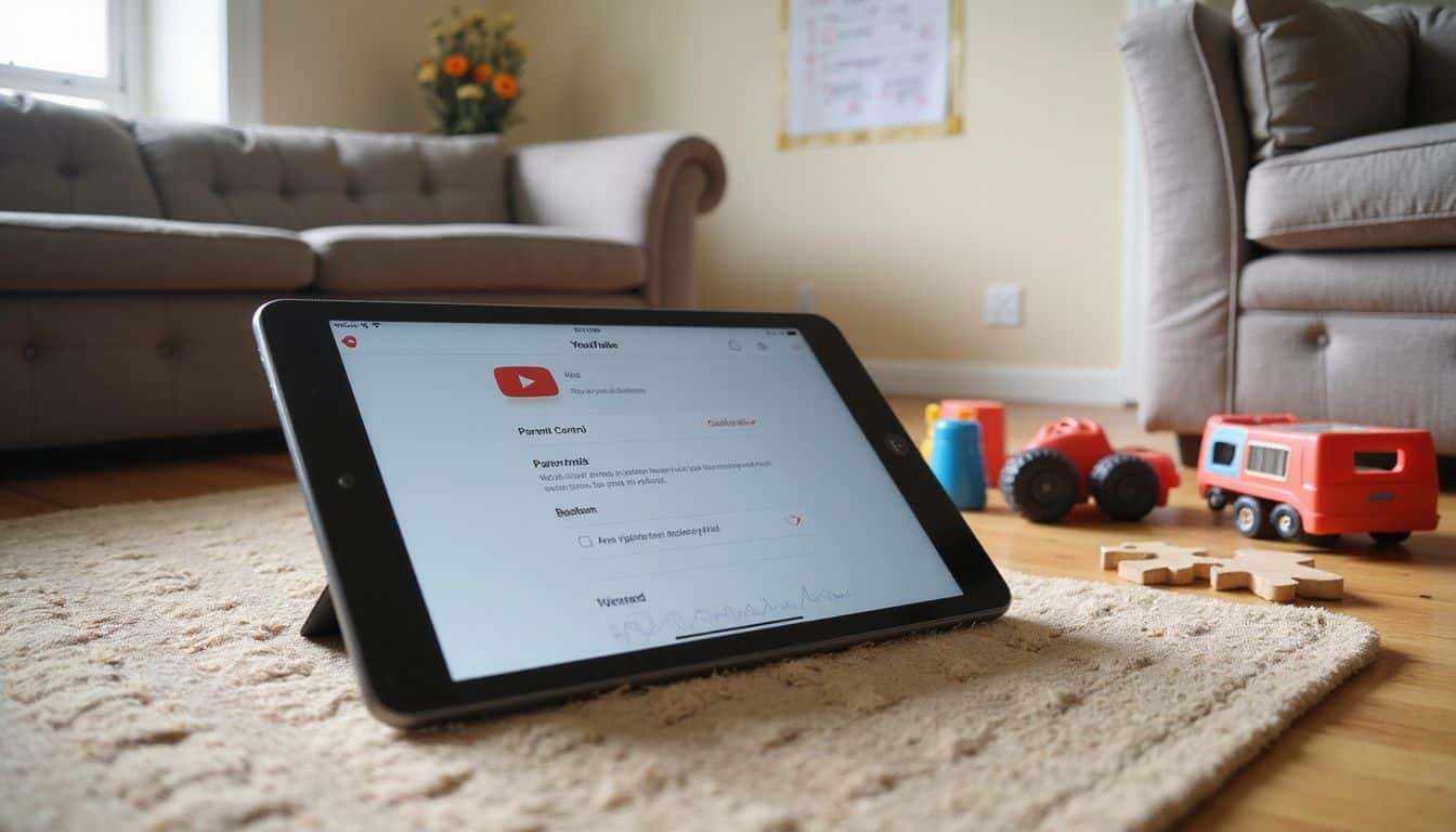 A well-used tablet on a rug displays YouTube Kids settings, surrounded by colorful toys in a cozy living room. A well-used tablet on a rug displays YouTube Kids settings, surrounded by colorful toys in a cozy living room.