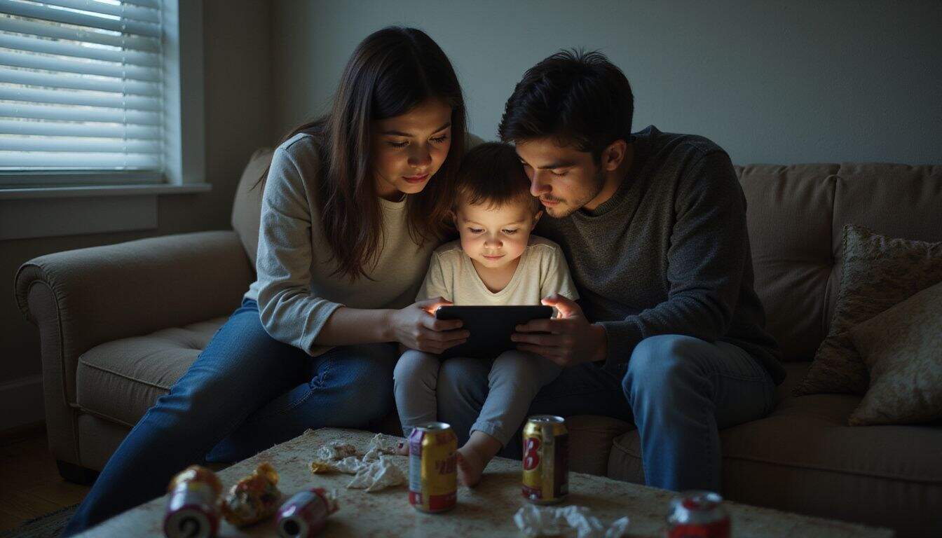 A family gathers on a worn sofa, anxiously watching inappropriate content on a tablet amidst a cluttered living room. A family gathers on a worn sofa, anxiously watching inappropriate content on a tablet amidst a cluttered living room.