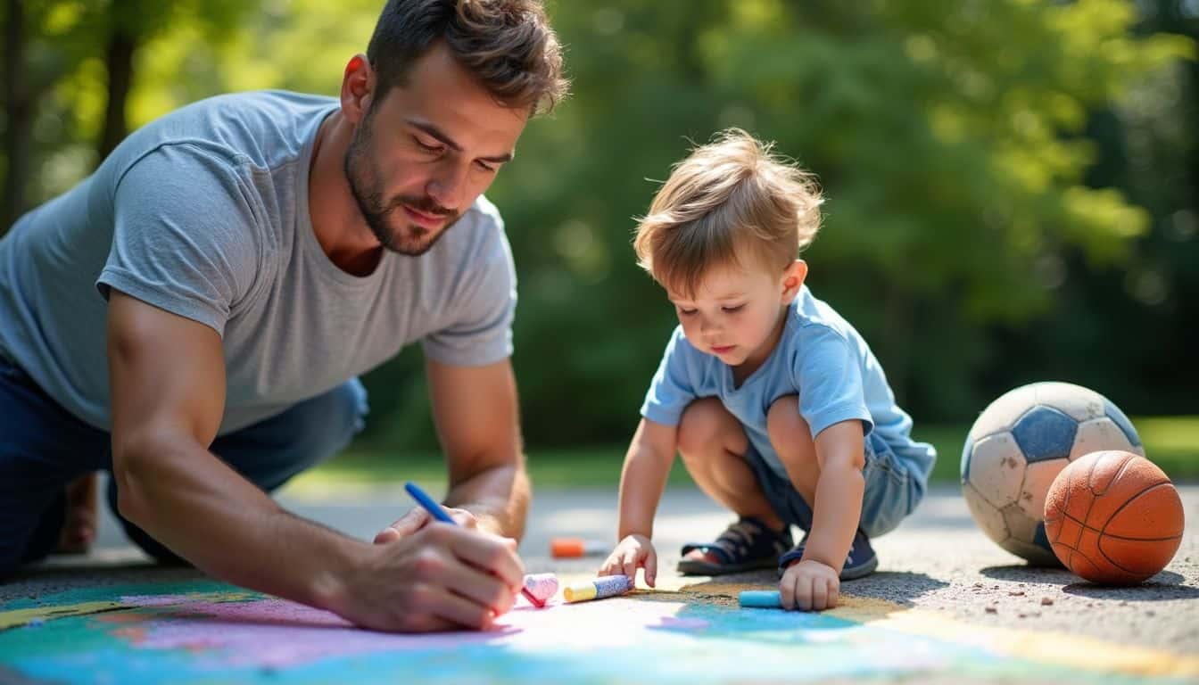 A father and son joyfully collaborate on a colorful chalk mural on their driveway. A father and son joyfully collaborate on a colorful chalk mural on their driveway.