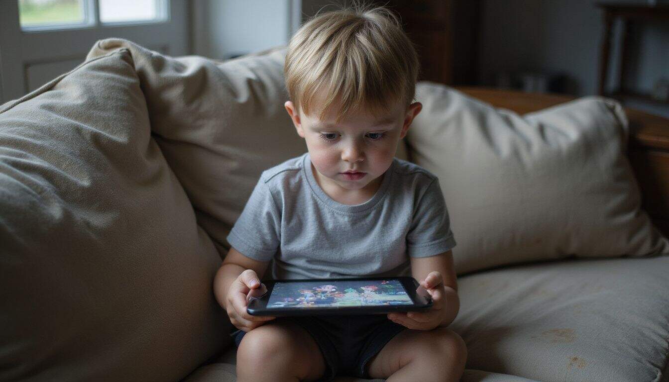 An 8-year-old child sits on a worn sofa, intently focused on a tablet displaying potentially inappropriate cartoon content. An 8-year-old child sits on a worn sofa, intently focused on a tablet displaying potentially inappropriate cartoon content.
