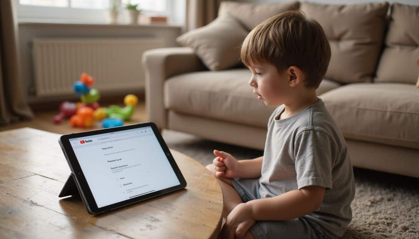 A child curiously explores the parental control settings of the YouTube Kids app on a tablet at home. A child curiously explores the parental control settings of the YouTube Kids app on a tablet at home.