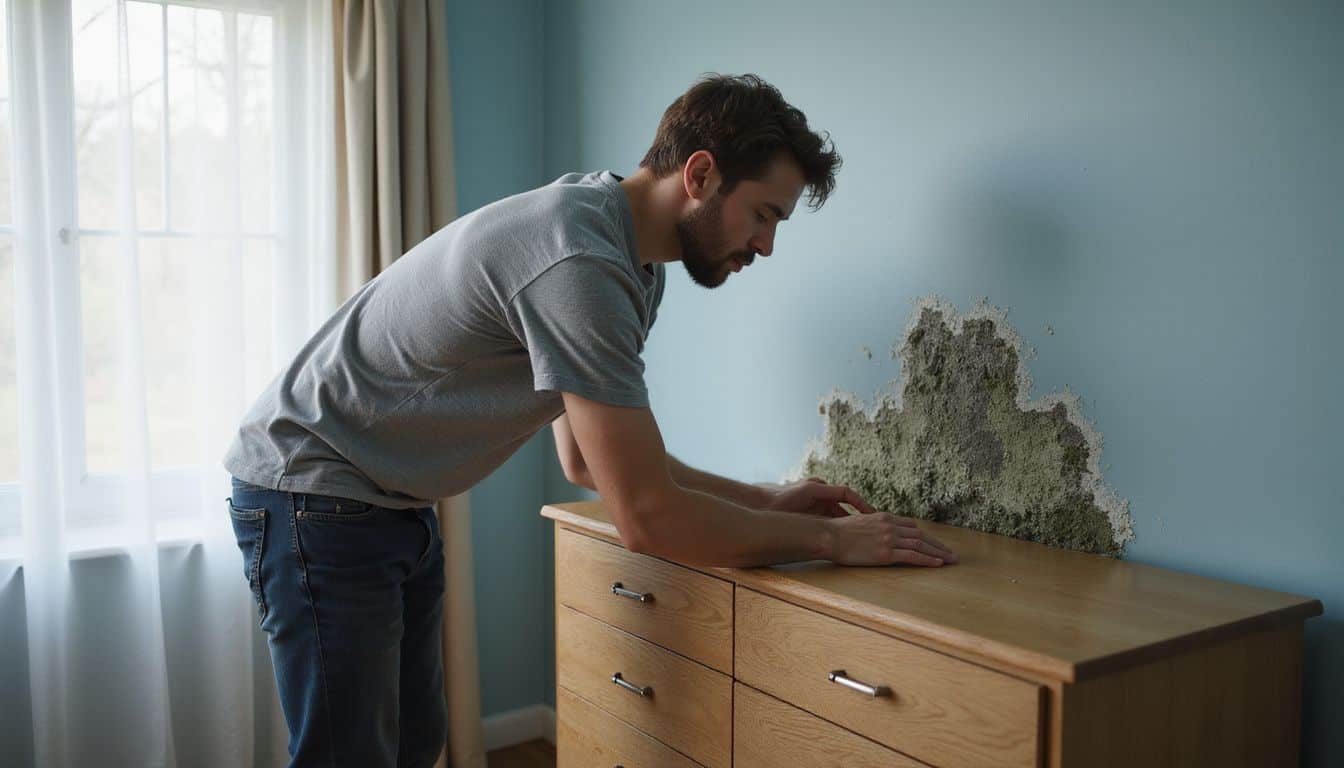 Man studying mold spots behind a dresser, unsure about possible health effects. Man studying mold spots behind a dresser, unsure about possible health effects.