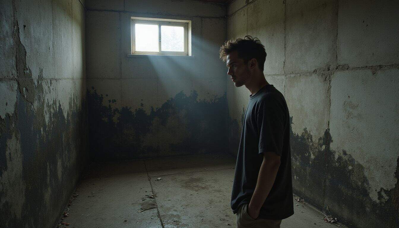 Person standing in a damp basement with moldy walls, feeling uneasy. Person standing in a damp basement with moldy walls, feeling uneasy.