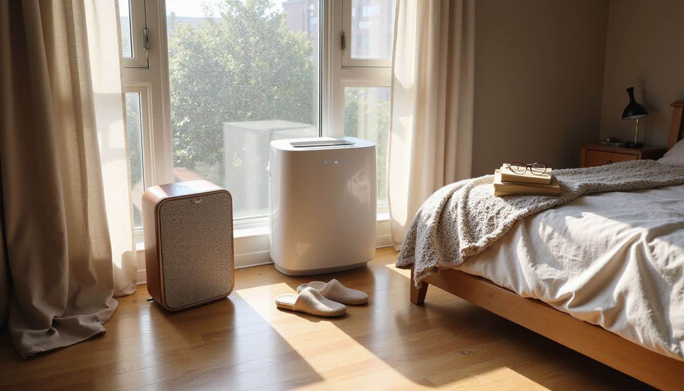 Tidy bedroom with a dehumidifier and an air purifier placed near the window. Tidy bedroom with a dehumidifier and an air purifier placed near the window.
