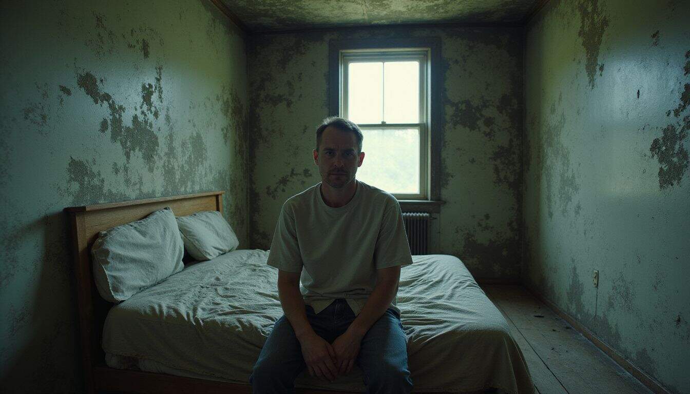Person sitting on a bed in a moldy room, holding tissues and looking uncomfortable. Person sitting on a bed in a moldy room, holding tissues and looking uncomfortable.