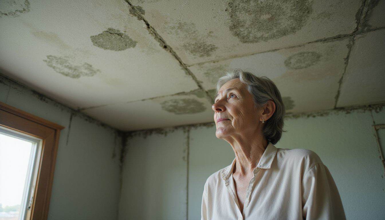 Older woman looking up at brown water stains on a bedroom ceiling from a leak. Older woman looking up at brown water stains on a bedroom ceiling from a leak.