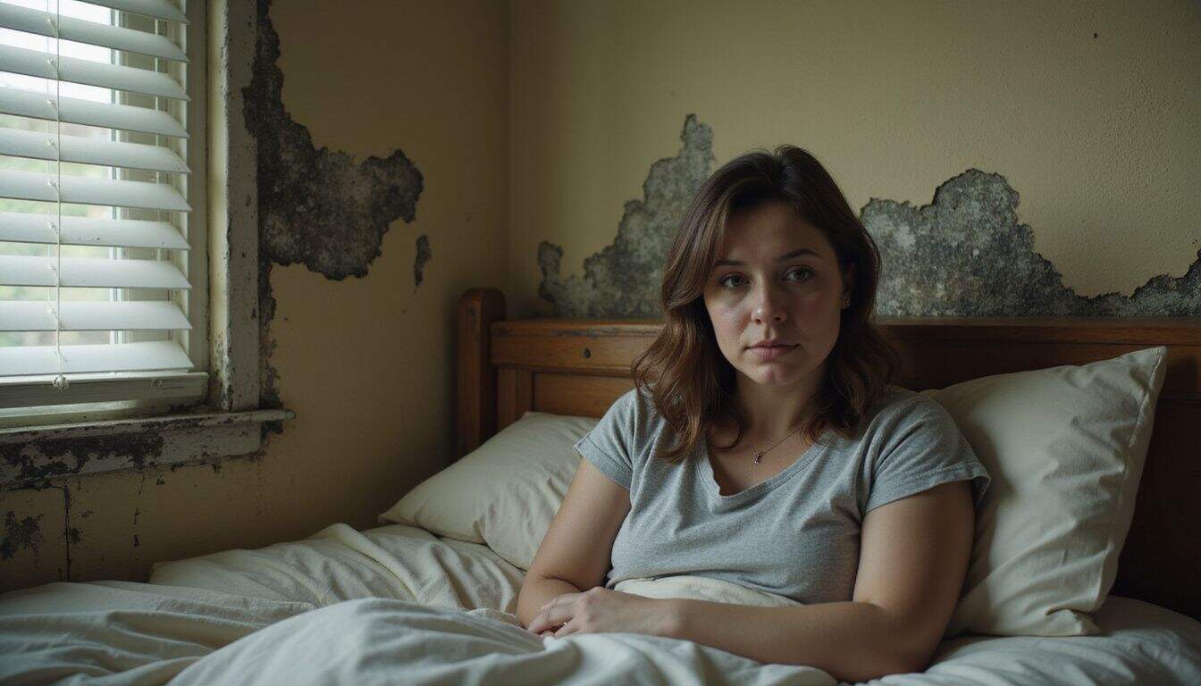 Woman waking up in a stuffy room, rubbing her chest from breathing discomfort. Woman waking up in a stuffy room, rubbing her chest from breathing discomfort.
