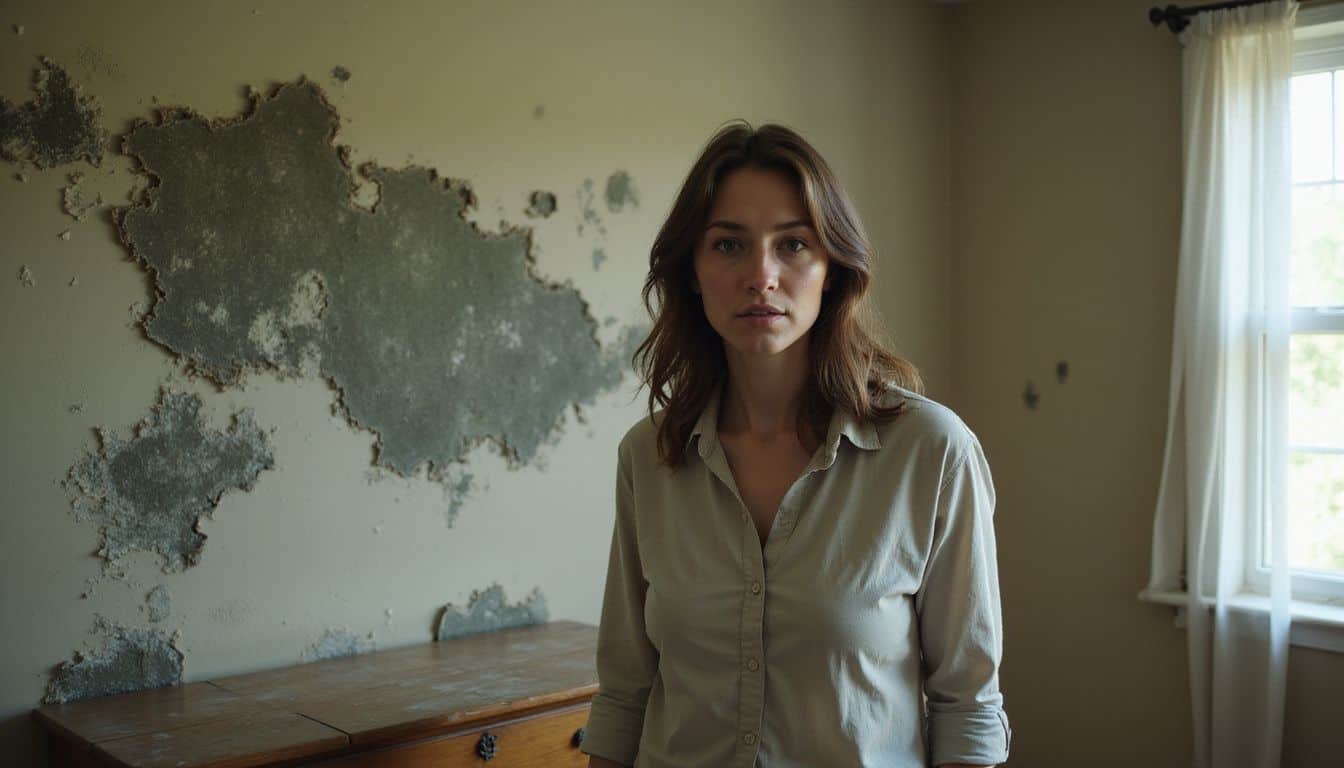 Woman examining peeling paint and mold stains on a bedroom wall after moisture issues. Woman examining peeling paint and mold stains on a bedroom wall after moisture issues.