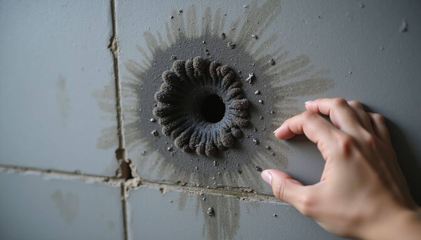 Close-up of dark mold clusters and water streaks on a damp wall surface. Close-up of dark mold clusters and water streaks on a damp wall surface.