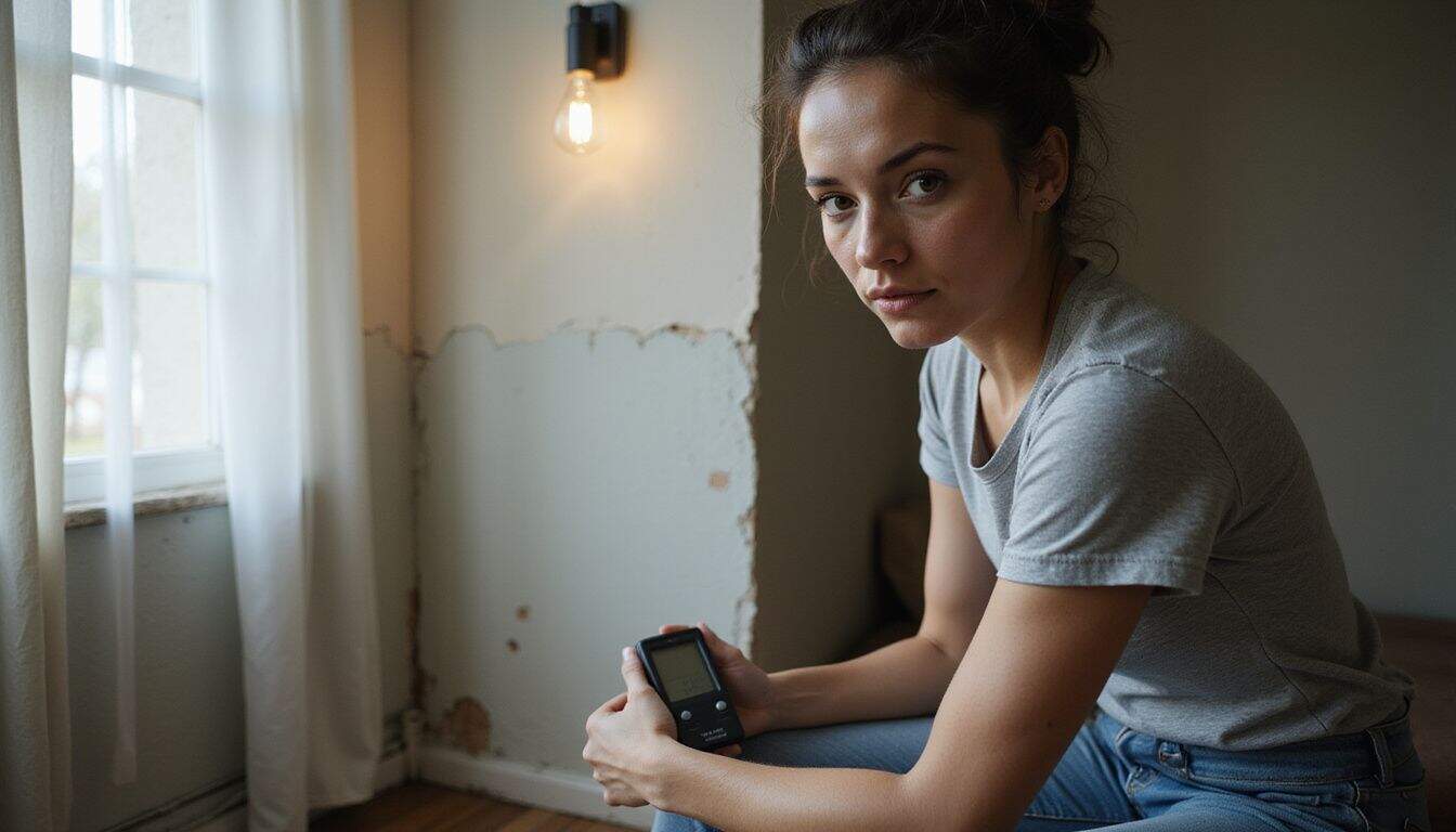Woman checking a humidity meter in a bedroom that shows signs of moisture. Woman checking a humidity meter in a bedroom that shows signs of moisture.