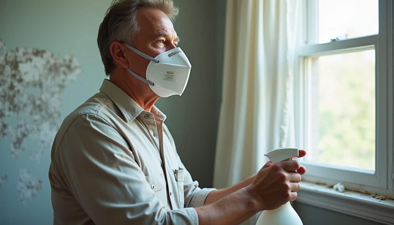 Man cleaning mold from a bedroom wall with protective mask and cleaner. Man cleaning mold from a bedroom wall with protective mask and cleaner.