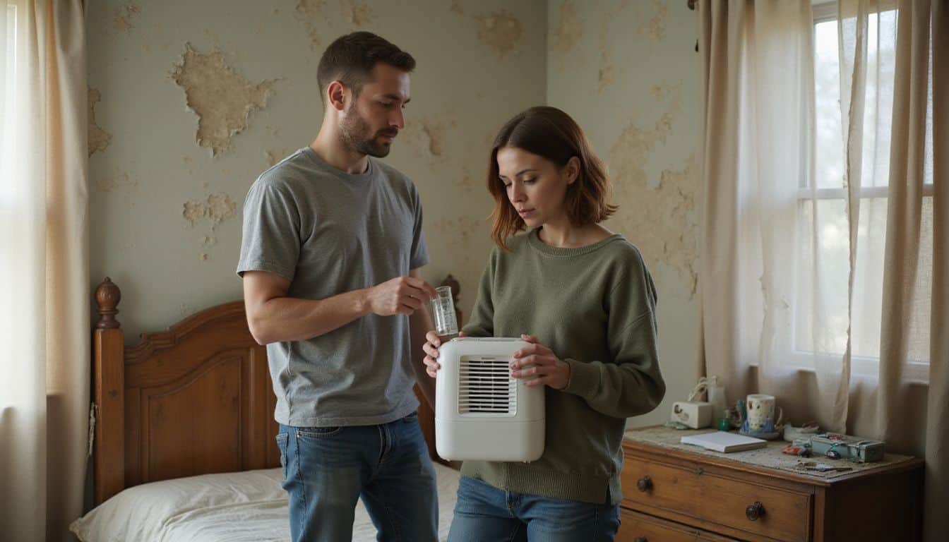 Couple reviewing a mold test kit and a dehumidifier in a room with damp walls. Couple reviewing a mold test kit and a dehumidifier in a room with damp walls.