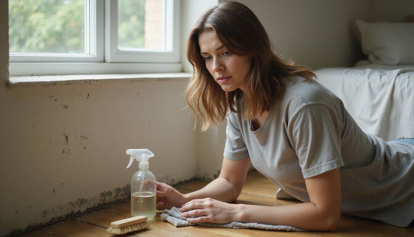 Woman inspecting a baseboard for mold while cleaning supplies sit nearby. Woman inspecting a baseboard for mold while cleaning supplies sit nearby.