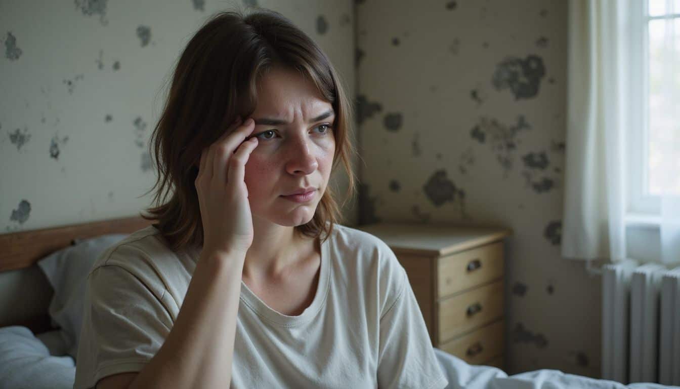 Tired woman waking up irritated in a bedroom showing signs of dampness. Tired woman waking up irritated in a bedroom showing signs of dampness.