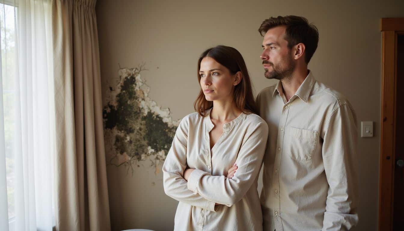 Couple pointing at mold stains on a bedroom wall, worried about health effects. Couple pointing at mold stains on a bedroom wall, worried about health effects.