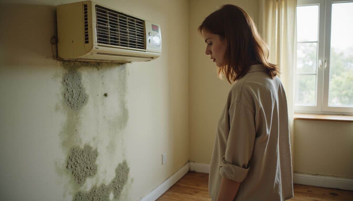 Woman checking mold growth near a window AC unit, concerned about moisture and stains. Woman checking mold growth near a window AC unit, concerned about moisture and stains.