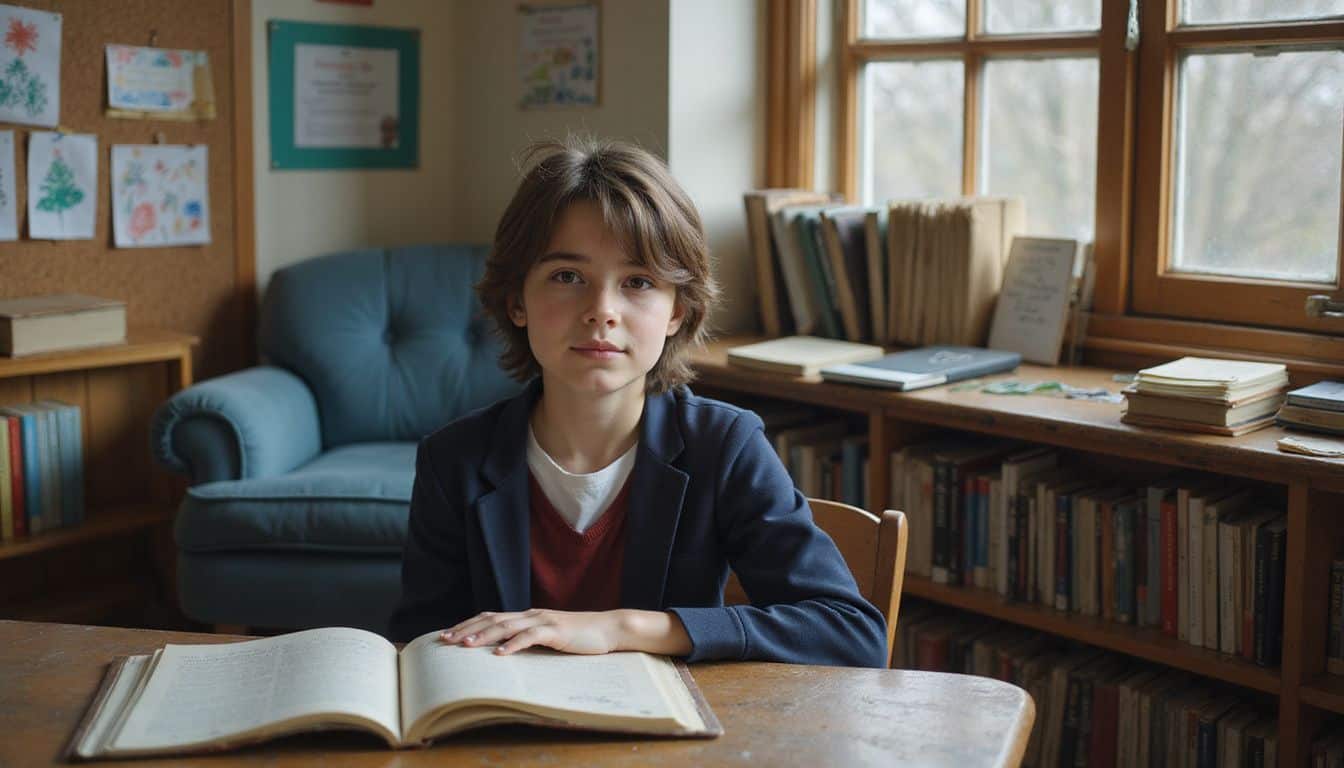 A cluttered school classroom features a cozy reading nook, packed bookshelves, and a student engaged in writing at their desk. A cluttered school classroom features a cozy reading nook, packed bookshelves, and a student engaged in writing at their desk.