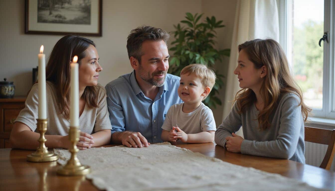A family of four engages in a warm, heartfelt conversation around a polished dining table. A family of four engages in a warm, heartfelt conversation around a polished dining table.