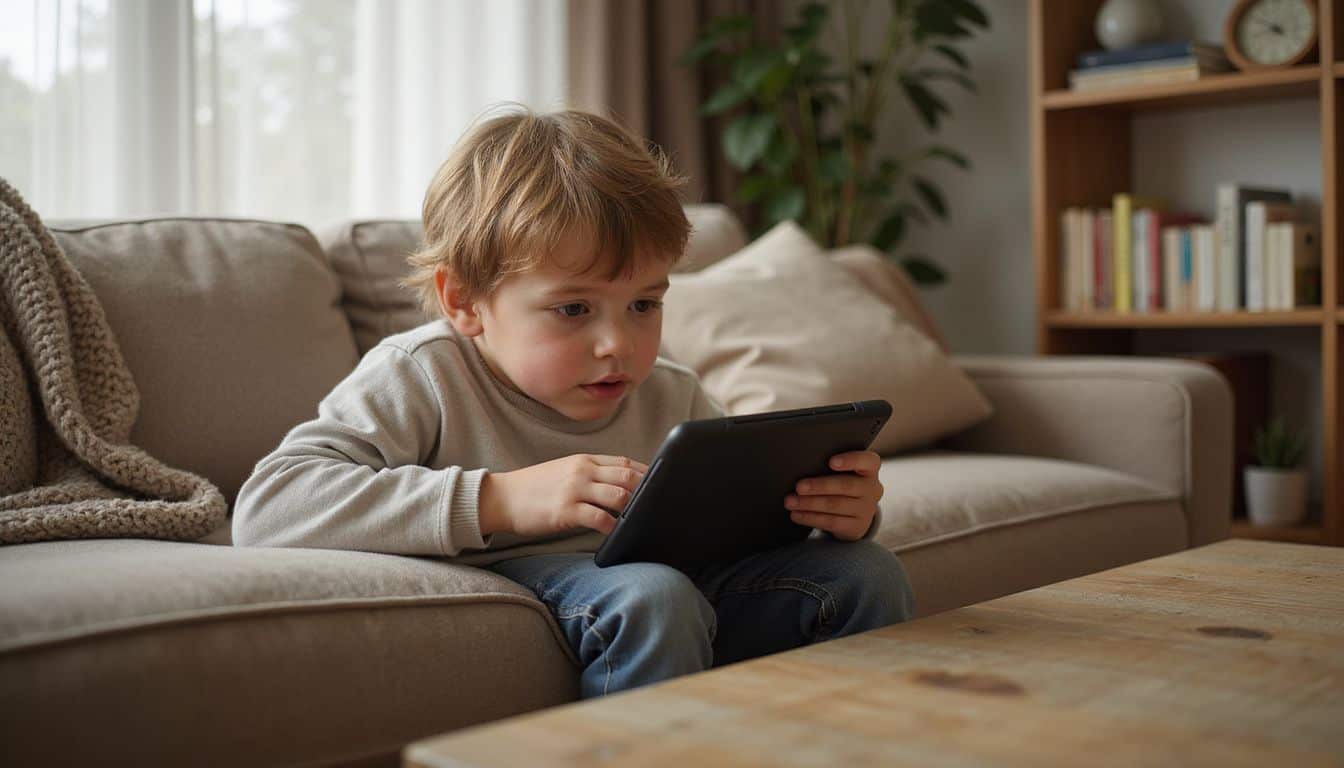 An 8-year-old child sits on a sofa, focused on a tablet in a cozy, inviting living room. An 8-year-old child sits on a sofa, focused on a tablet in a cozy, inviting living room.