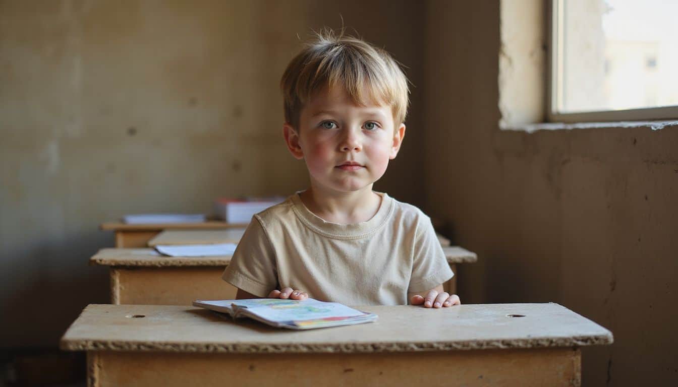 An 8-year-old child stands behind a cardboard desk in a modest classroom, focused amid scattered school supplies. An 8-year-old child stands behind a cardboard desk in a modest classroom, focused amid scattered school supplies.