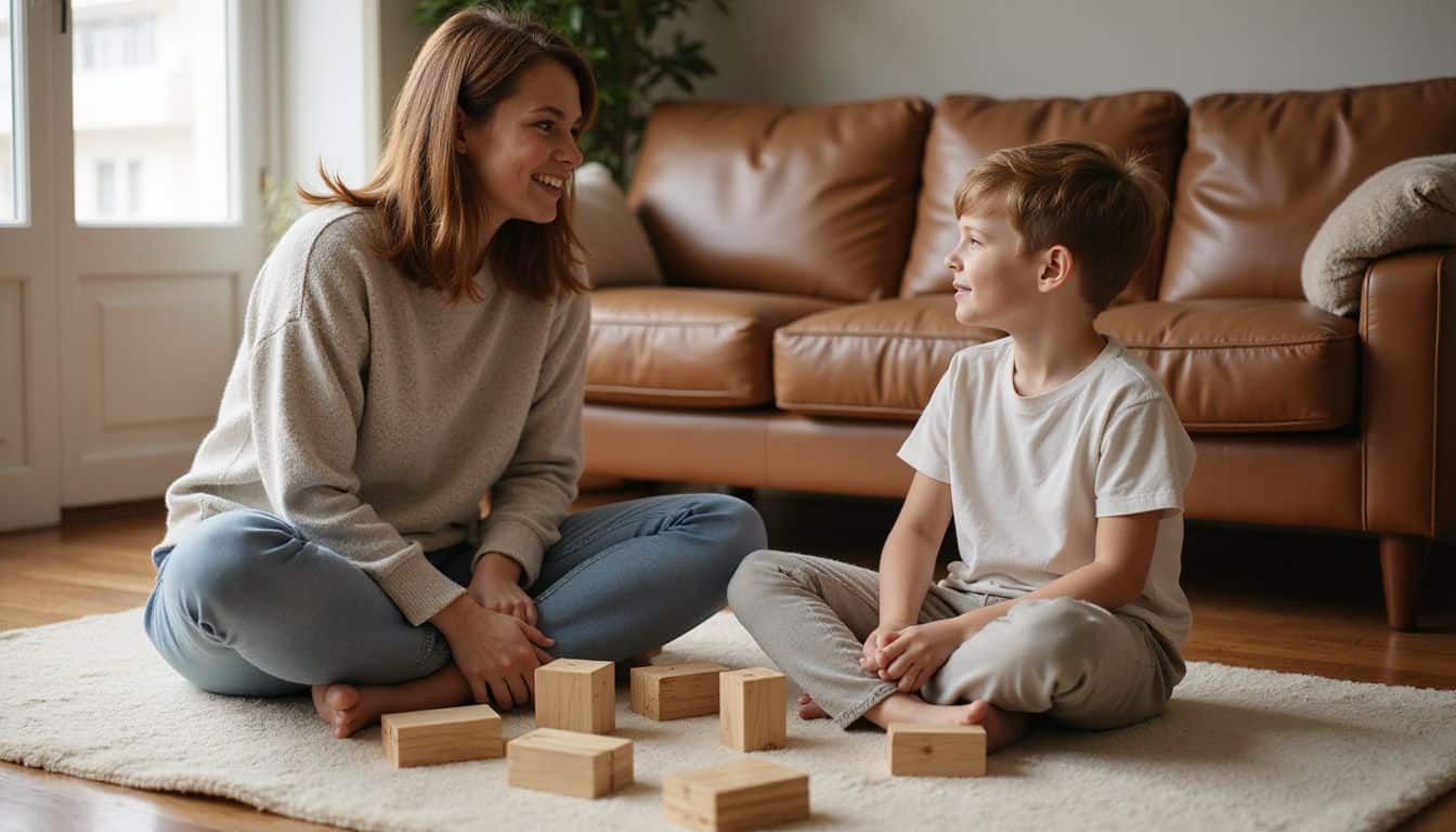 A mother and her son engage playfully on a rug surrounded by colorful wooden building blocks in their cozy living room. A mother and her son engage playfully on a rug surrounded by colorful wooden building blocks in their cozy living room.