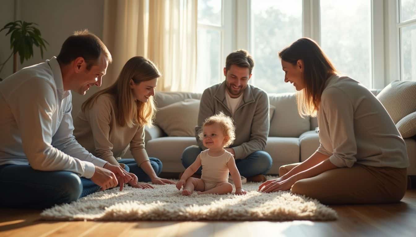A family practices speaking with their child in a cozy living room, supported by a teacher and coach. A family practices speaking with their child in a cozy living room, supported by a teacher and coach.