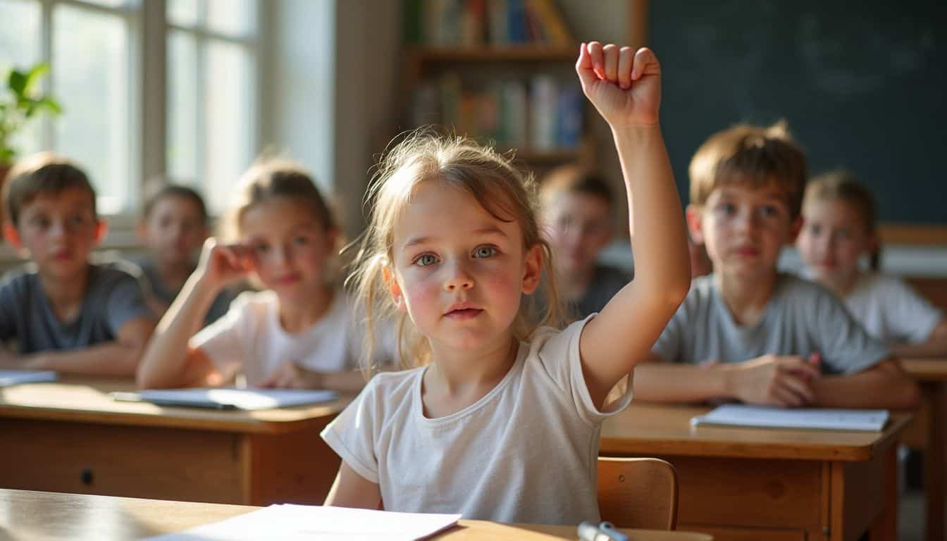 A focused child raises their hand in a classroom filled with attentive classmates and educational materials. A focused child raises their hand in a classroom filled with attentive classmates and educational materials.