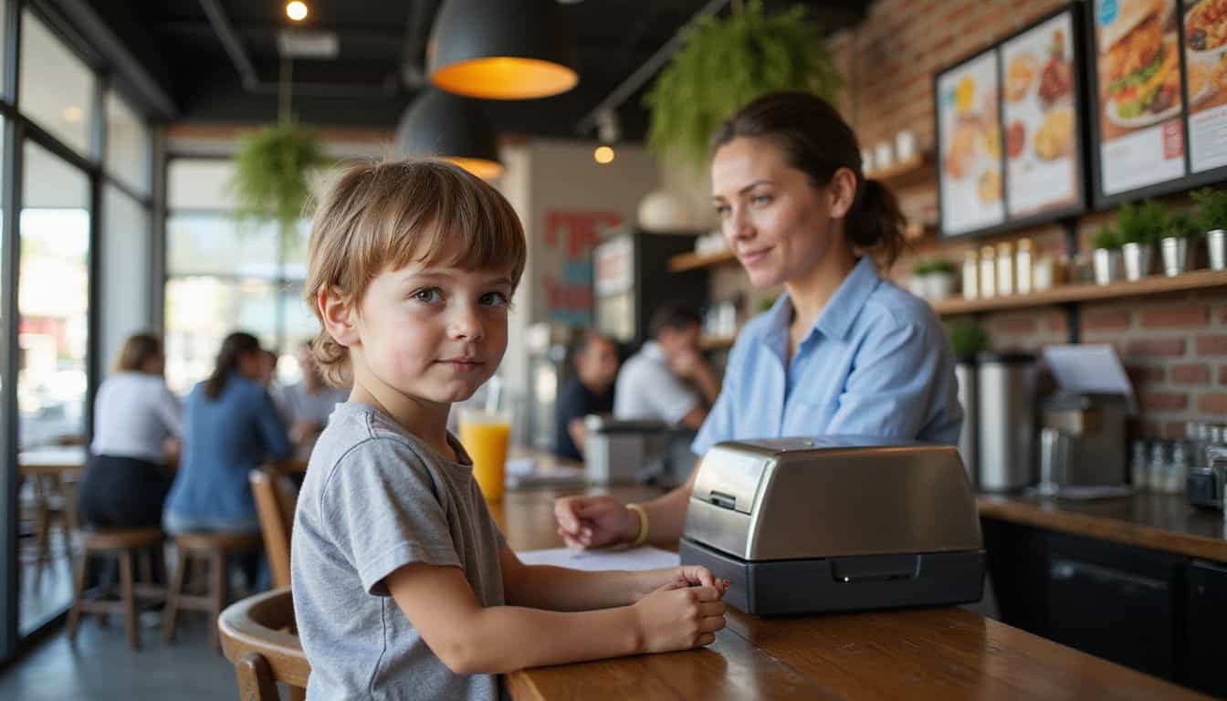 A young child confidently places an order at a bustling restaurant counter, engaging with a friendly cashier. A young child confidently places an order at a bustling restaurant counter, engaging with a friendly cashier.
