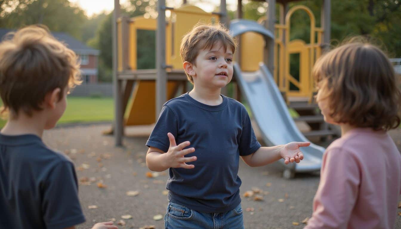 A seven-year-old child engages animatedly with friends at a neighborhood playground, surrounded by climbing frames and colorful slides. A seven-year-old child engages animatedly with friends at a neighborhood playground, surrounded by climbing frames and colorful slides.