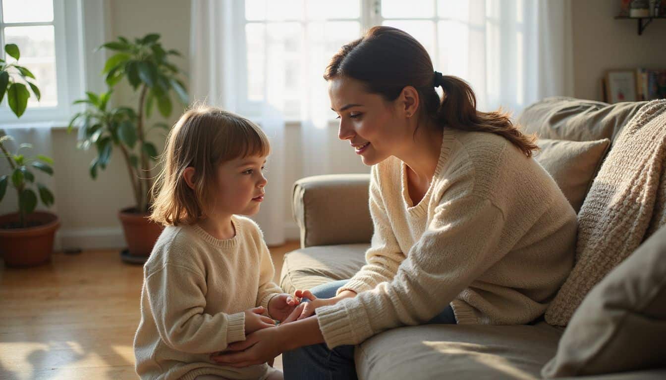 A mother and daughter share a tender moment on a cozy sofa, fostering understanding through gentle conversation. A mother and daughter share a tender moment on a cozy sofa, fostering understanding through gentle conversation.