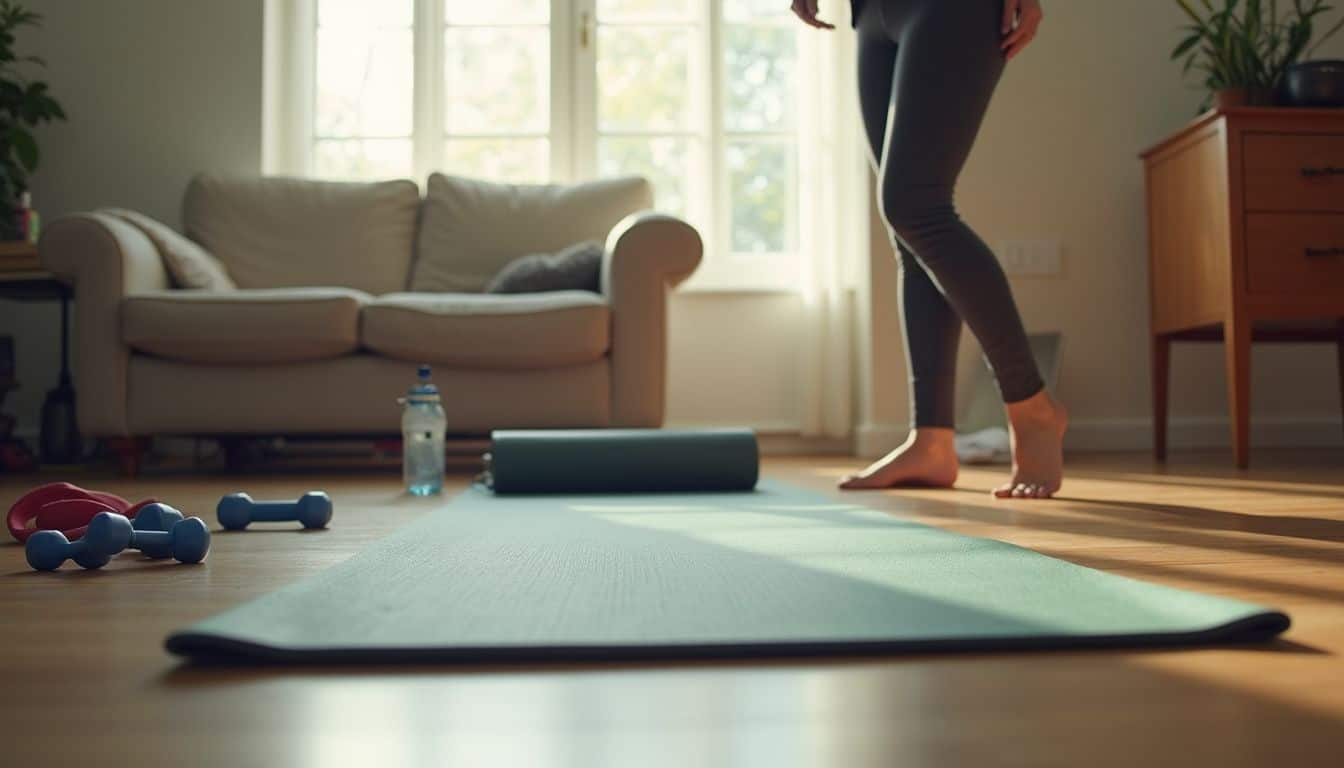 Cozy living room with a yoga mat and small workout gear. Cozy living room with a yoga mat and small workout gear.